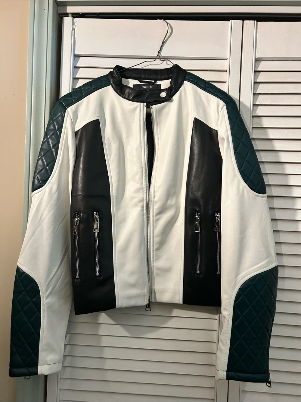 Forever 21 White, Black & Dark Green Quilted Paneled Moto Jacket
